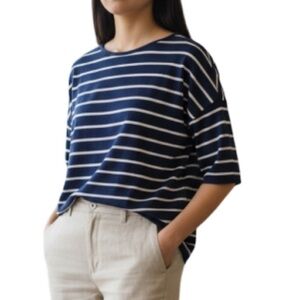 JACOB Striped Boxy Dolmen Short Sleeve Tee Navy and Baby Blue Sailor Nautical M